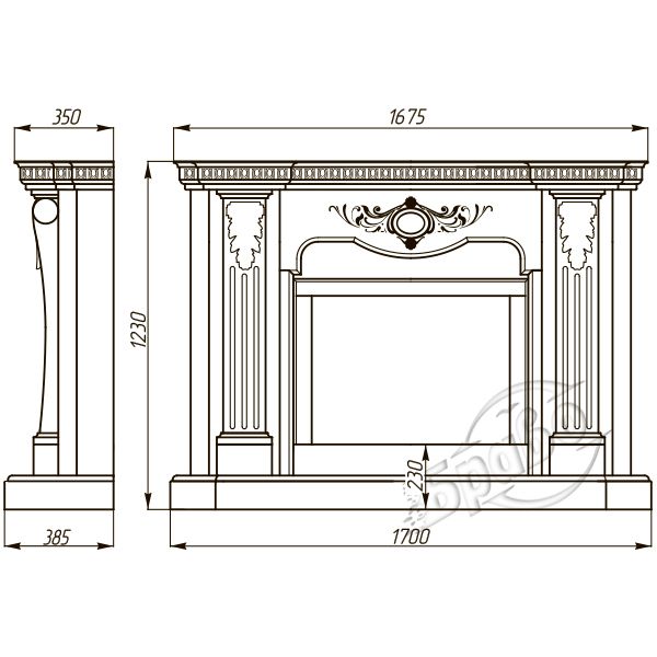 Каминная облицовка БРАВО “Барселона” материал Crema Marfil + Emperador Dark, Botticino + Emperador Dark, Polaris + Nero Marquina