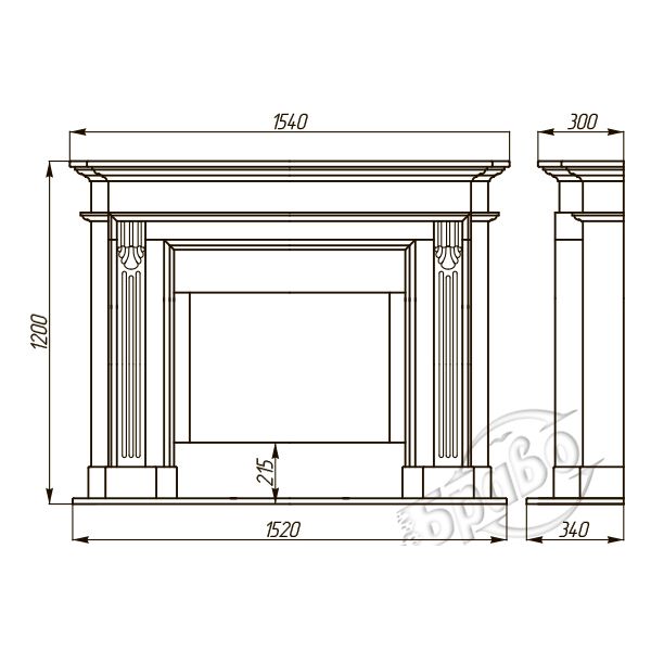 Каминная облицовка БРАВО “Клайпеда” материал Botticino + Emperador Dark, Volakas + Nero Marquina, Crema Marfil + Emperador Dark, Polaris + Nero Marquina